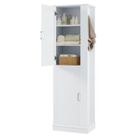 Tall Bathroom Storage Cabinet, Freestanding Storage Cabinet with Hook and Adjustable Shelf, MDF Board, White