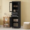 Tall Bathroom Storage Cabinet with Glass Doors, Free-Standing, Two Drawers, and Adjustable Shelves, MDF Board