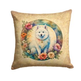 American Eskimo and Flowers Throw Pillow Machine Washable, Indoor Outdoor Decorative Pillow for Couch, Bed or Patio, 14Hx14W