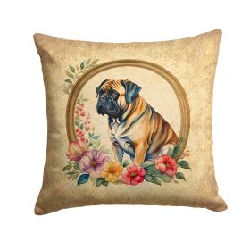 Mastiff and Flowers Throw Pillow Machine Washable, Indoor Outdoor Decorative Pillow for Couch, Bed or Patio, 14Hx14W