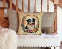 Australian Shepherd and Flowers Throw Pillow Machine Washable, Indoor Outdoor Decorative Pillow for Couch, Bed or Patio, 14Hx14W