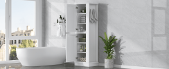 Tall Bathroom Storage Cabinet, Freestanding Storage Cabinet with Hook and Adjustable Shelf, MDF Board, White