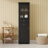 Tall Bathroom Storage Cabinet with Glass Doors, Free-Standing, Two Drawers, and Adjustable Shelves, MDF Board