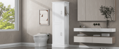 Tall Bathroom Storage Cabinet, Freestanding Storage Cabinet with Hook and Adjustable Shelf, MDF Board, White