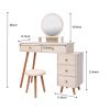 CRAZY ELF Makeup Vanity Table with Cushioned Stool, Large Capacity Storage Cabinet, 5 Drawers, Large Round Mirror