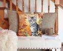 American Shorthair Cat in Fall Leaves Throw Pillow Machine Washable, Indoor Outdoor Decorative Pillow for Couch, Bed or Patio, 14Hx14W