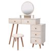 CRAZY ELF Makeup Vanity Table with Cushioned Stool, Large Capacity Storage Cabinet, 5 Drawers, Large Round Mirror