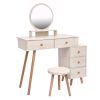 CRAZY ELF Makeup Vanity Table with Cushioned Stool, Large Capacity Storage Cabinet, 5 Drawers, Large Round Mirror