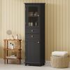 Tall Bathroom Storage Cabinet with Glass Doors, Free-Standing, Two Drawers, and Adjustable Shelves, MDF Board