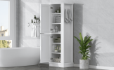 Tall Bathroom Storage Cabinet, Freestanding Storage Cabinet with Hook and Adjustable Shelf, MDF Board, White