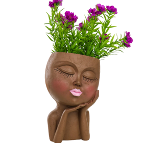 Resin Flower Pot Vase Artistic Sculpture Head Planter Flower Pot (Color: Brown)