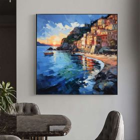 Hand Painted Abstract Mediterranean Oil Painting On Canvas Large Wall Art Original Coastal City Landscape Art Custom Blue Ocean Decor Living Room Art (Style: 01, size: 50x50cm)