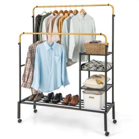 Rolling Double Rods Garment Rack with Height Adjustable Hanging Bars (Color: Golden)