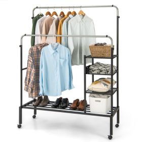 Rolling Double Rods Garment Rack with Height Adjustable Hanging Bars (Color: Silver)