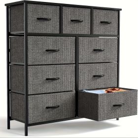 Dresser for Bedroom with 9 Fabric Drawers, Tall Chest Organizer Units for Clothing, Closet, Storage Tower with Cabinet, Metal Frame, Wooden Top (Color: Grey)