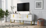 Modern TV Stand for TVs up to 75 Inches, Storage Cabinet with Drawers and Cabinets, Wood TV Console Table with Metal Legs and Handles for Living room