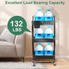 3 Tier Rolling Utility Cart Movable Storage Organizer with Mesh Baskets Lockable Wheels 360 Degree Rotatable Hanging Box Hooks Bedroom Bathroom Kitche